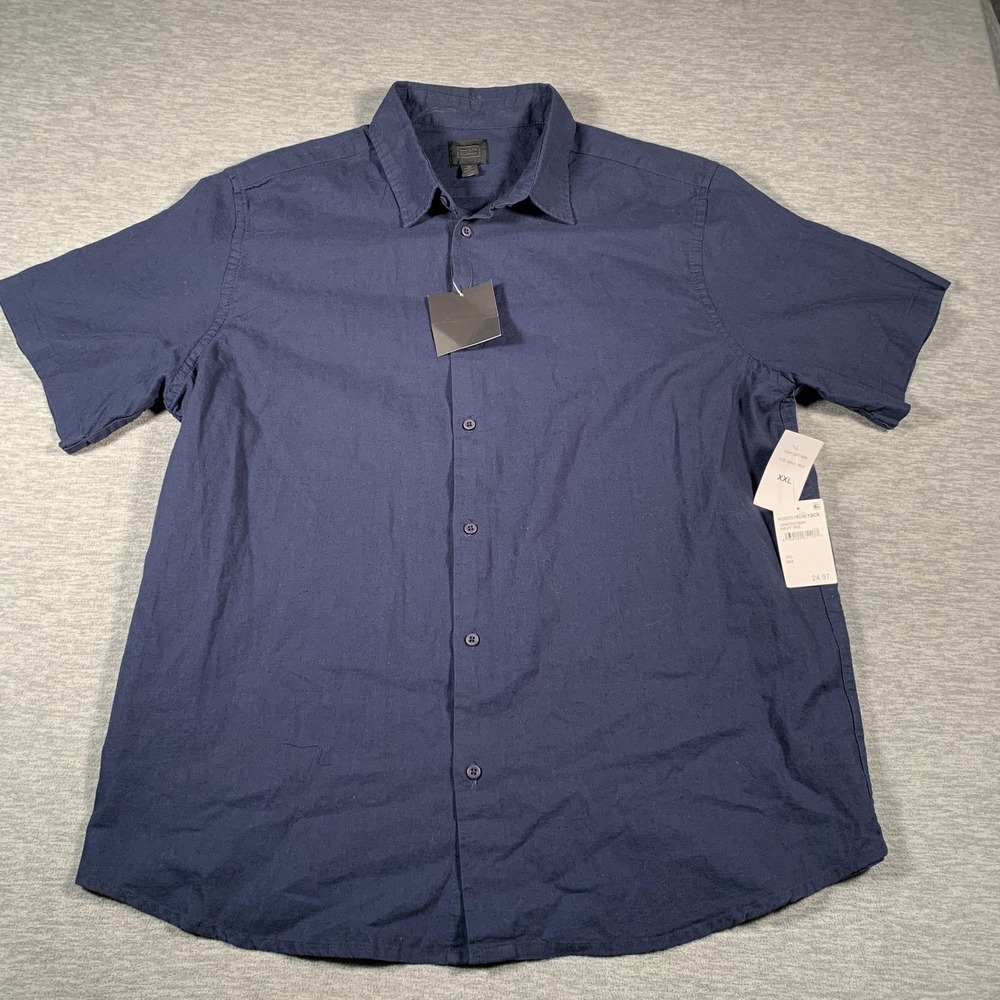 14th & Union Shirt Mens 2XL Navy Iris Linen‎ Cotton Short Sleeve Button Front